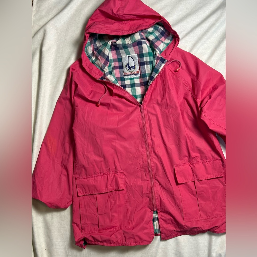 Vintage Pink Hooded Rain Jacket Plaid Lined Lightweight Windbreaker